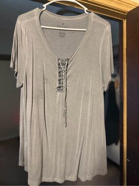 Soft & Sexy Brand Lace-Up V-Neck Top - Gray